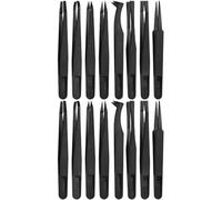 MMOBIEL Set di 16 pinzette di precisione in plastica antistatica, pinzette con punta piatta appuntita/punte curve, pinzette per elettronica, creazione di gioielli, lavori di laboratorio, colore nero