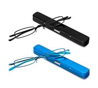 MMOWW Confezione da 2 mini occhiali da lettura in metallo, da uomo, con cerniera a molla, classici, piccoli, sottili, leggeri, con custodia (nero+blu, + 3,0)