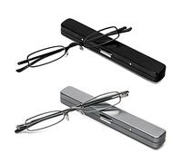 MMOWW Confezione da 2 mini occhiali da lettura in metallo, da uomo, con cerniera a molla, classici, piccoli, sottili, leggeri, con custodia (nero+grigio, + 3,5)