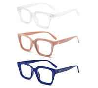 MMOWW Confezione da 3 Occhiali da Lettura Rettangolari: Oversized Square Frame Anti Luce Blu Occhiali donna uomo (Trasparente marrone blu, 3.5)
