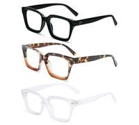 MMOWW Confezione da 3 Occhiali da Lettura Rettangolari: Oversized Square Frame Anti Luce Blu Occhiali donna uomo (Nero+Tartaruga+Trasparenza, 1.5)