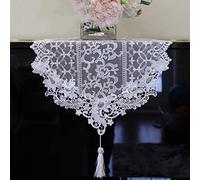 MMQGQ Runner da Tavolo in Pizzo Ricamato Bianco con Nappina, Sciarpa da Comò Romantica Francese, Design A Forma di V.(Size:42×120cm)