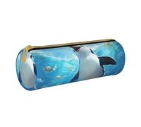 MMSJSBVY Astuccio cilindrico con stampa leopardata, astuccio in pelle, grande capacità, adatto per studenti, ufficio, viaggi, pennelli da trucco, con cerniera, Pinguino felice, Taglia unica