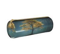 MMSJSBVY Astuccio cilindrico in pelle con elefante su legno, molto capiente, adatto per studenti, ufficio, viaggi, pennelli da trucco, con cerniera, Lago tranquillo e un albero, Taglia unica