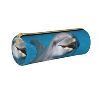 MMSJSBVY Astuccio cilindrico in pelle con elefante su legno, molto capiente, adatto per studenti, ufficio, viaggi, pennelli da trucco, con cerniera, Delfino con un sorriso, Taglia unica, Portamonete