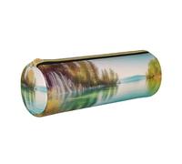 MMSJSBVY Astuccio cilindrico per matite e matite, in pelle, grande capacità, adatto per studenti, ufficio, viaggi, pennelli da trucco, con cerniera, Acqua pulita e paesaggio lacustre, Taglia unica