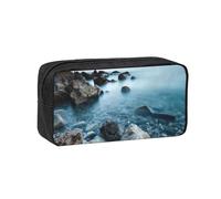 MMSJSBVY Astuccio grande capiente in pelle di mucca con cuori, in tessuto Oxford, con cerniera liscia, per scuola, ufficio, viaggi, Mare calmo e rocce, taglia unica, Beauty Case