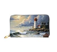 MMSJSBVY Beach Lighthouse - Portafoglio da donna in pelle con cerniera, pochette lunga, Spiaggia di sabbia del faro del mare, Taglia unica