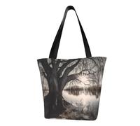 MMSJSBVY Borsa per la spesa da donna, con delfino con un sorriso, grande capacità, adatta per shopping, gite in spiaggia e fitness, Vecchio Albero Sul Lago, Taglia unica