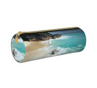 MMSJSBVY Simpatico astuccio cilindrico con fiocco e giraffa, astuccio in pelle, grande capacità, adatto per studenti, ufficio, viaggi, pennelli da trucco, con cerniera, Costiera serena, Taglia unica