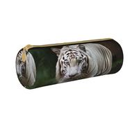 MMSJSBVY Simpatico astuccio cilindrico con fiocco e giraffa, astuccio in pelle, grande capacità, adatto per studenti, ufficio, viaggi, pennelli da trucco, con cerniera, Majestic Tigre Bianca del