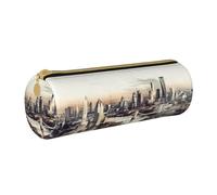 MMSJSBVY Simpatico astuccio cilindrico disegnato a mano, astuccio in pelle, grande capacità, adatto per studenti, ufficio, viaggi, pennelli da trucco, con cerniera, Famoso paesaggio urbano, Taglia