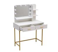 MMT Furniture Designs Ltd Toeletta bianca con gambe dorate, scrivania da donna con luci a LED, scrivania da trucco con 2 cassetti, specchio in legno bianco, 90 cm x 45 cm x 137 cm