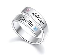 MMXX Anello a Spirale Personalizzato per Donna in Argento Sterling 925 Regolabile Fascia Aperta 2 Nomi Anello con Pietre Portafortuna Anello di Promessa Regali per Matrimonio e Fidanzamento - B
