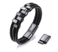 MMXX Bracciale Personalizzato con Nome da Uomo Bracciali in Vera Pelle Intrecciata con 2-9 Perline Regali per Nonno Papà Marito Fratello Gioielli per la Festa del Papà - Nero: 8 Perline