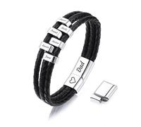 MMXX Bracciale Personalizzato con Nome da Uomo Bracciali in Vera Pelle Intrecciata con 2-9 Perline Regali per Nonno Papà Marito Fratello Gioielli per la Festa del Papà - Argento: 6 Perline