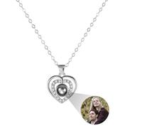 MMXX Collana di Proiezione Personalizzata con Foto All'interno Foto Collana Personalizzato Commemorativa Nascosta Rotondo/Forma del Cuore Ti Amo 100 Lingue Collana per Donna (F1: Argento)