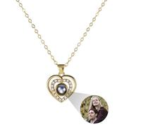 MMXX Collana di Proiezione Personalizzata con Foto All'interno Foto Collana Personalizzato Commemorativa Nascosta Rotondo/Forma del Cuore Ti Amo 100 Lingue Collana per Donna (F2: Oro)