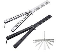 Mnixy Pettine a farfalla, in metallo, 2 pezzi, in acciaio inox, pieghevole, stile farfalla, per uomini, acconciature (argento/nero)
