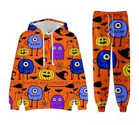 MNRIUOCII Costume di Halloween da jogging da uomo, con teschio, stampa digitale 3D, set da 2 pezzi, tuta sportiva con cappuccio, tuta da jogging per il tempo libero, tracksuit, P arancione, S