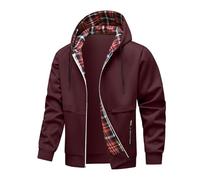 MNRIUOCII Giacca da uomo con cappuccio, stile retrò, plaid splicing, con chiusura lampo, giacca invernale con cappuccio, casual, con coulisse, felpa sportiva, Colore: rosso, L