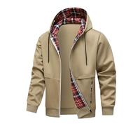 MNRIUOCII Giacca da uomo con cappuccio, stile retrò, plaid splicing, con chiusura lampo, giacca invernale con cappuccio, casual, con coulisse, felpa sportiva, cachi, S
