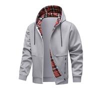 MNRIUOCII Giacca da uomo con cappuccio, stile retrò, plaid splicing, con chiusura lampo, giacca invernale con cappuccio, casual, con coulisse, felpa sportiva, grigio., 3XL