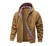 MNRIUOCII Giacca da uomo con cappuccio, stile retrò, plaid splicing, con chiusura lampo, giacca invernale con cappuccio, casual, con coulisse, felpa sportiva, marrone, M
