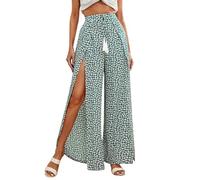 MNRIUOCII Pantaloni da donna a gamba larga, larga, elasticizzati, a vita alta, per il tempo libero, con motivo leopardato, comodi pantaloni ariosi con spacco alto, in tessuto, leggeri boho, verde, XXL