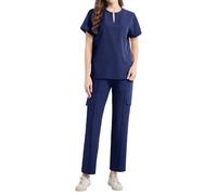 MNRIUOCII Set di abbigliamento da lavoro da donna, divisa da infermiera, set per la cura dell'infermiera, giacca a slittamento e pantaloni da lavoro, in due pezzi, Blu marino, L
