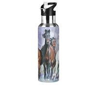 Mnsruu Arte Cool Animale Cavallo Borraccia Termica con Cannuccia Sportiva, Bottiglia Acqua in Acciaio Inox Isolato 600ML Senza BPA per Bevande Calde e Fredde per Bambini Scuola