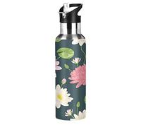 Mnsruu Arte Fiore di Loto Fiore Borraccia Termica con Cannuccia Sportiva, Bottiglia Acqua in Acciaio Inox Isolato 600ML Senza BPA per Bevande Calde e Fredde per Bambini Scuola