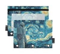 Mnsruu Astucci per matite con 3 anelli, motivo astronauta Van Gogh, con finestra trasparente, per riporre articoli per la scuola e l'ufficio, confezione da 2, Multicolore, Taglia unica, Beauty Case