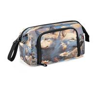 Mnsruu Astuccio con due lupi bianchi e margherite di grande capacità, astuccio portapenne per cancelleria, ufficio, organizer per ragazzi e ragazze