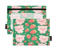 Mnsruu Astuccio per matite a 3 anelli, con grazioso motivo con fragole e maiale, 2 astucci per matite con cerniera, finestra trasparente con cerniera, astuccio per matite per forniture per ufficio