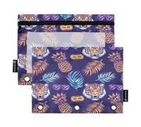 Mnsruu Astuccio per matite a 3 anelli, con motivo tigre e ananas, 2 pezzi, con cerniera, finestra trasparente, astuccio per matite per forniture per ufficio, Multicolore, Taglia unica, Organizer per