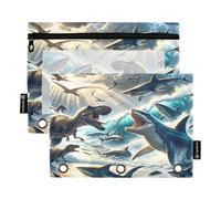 Mnsruu Astuccio per matite a 3 anelli, con scritta "The Struggle Between Dinosaurs and Sharks on Beach", 2 astucci con cerniera, con finestra trasparente, astuccio per matite per forniture per ufficio