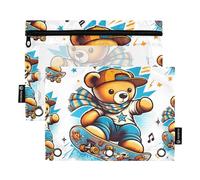 Mnsruu Astuccio per matite per raccoglitore a 3 anelli, astuccio per matite e cosmetici, con cerniera trasparente, per ufficio, viaggi, cosmetici, confezione da 2, Skateboard Cool Bear, one sizex2,