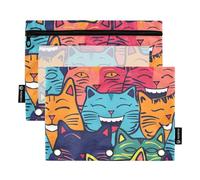 Mnsruu Astuccio per matite per raccoglitori a 3 anelli, motivo gatto con colori pazzi, astuccio per matite e cosmetici, con cerniera trasparente, per ufficio, viaggi, cosmetici, confezione da 2, Gatto