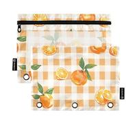 Mnsruu Astuccio per raccoglitori a 3 anelli, arancione su un motivo a quadretti, astuccio per matite e cosmetici, con cerniera trasparente per cosmetici da ufficio, viaggi, confezione da 2, Arancione