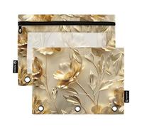 Mnsruu Astuccio per raccoglitori a 3 anelli, astuccio per matite e cosmetici, con cerniera trasparente, per ufficio, viaggi, cosmetici, confezione da 2, Luxury Gold Flower Wall Art, one sizex2,
