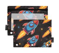 Mnsruu Astuccio per raccoglitori a 3 anelli, con personaggi dei cartoni animati, astuccio per matite e cosmetici, con cerniera trasparente, per ufficio, viaggi, cosmetici, confezione da 2, Astronave