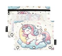 Mnsruu Astuccio per raccoglitori a 3 anelli, grazioso astuccio con unicorno sulla luna, astuccio per matite e cosmetici, con cerniera trasparente, per ufficio, viaggi, cosmetici, confezione da 2,