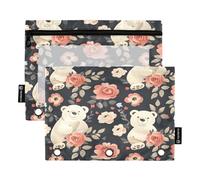Mnsruu Bears and Beautiful Roses - Astuccio per matite con 3 anelli, con finestra trasparente, per riporre articoli di cancelleria per scuola e ufficio, confezione da 2, Multicolore, Taglia unica,