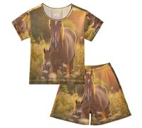 Mnsruu Bellissimo pigiama estivo per bambini con cavallo marrone per bambini a maniche corte in cotone per ragazzi e ragazze, Multicolore, 6 anni
