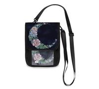 Mnsruu Bellissimo portafoglio da viaggio romantico con fiori e luna, porta passaporto, porta carte di credito, porta gadget, unisex, portafoglio da viaggio con tracolla regolabile, #01, Taglia unica,