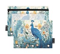 Mnsruu Blue Peacock - Astuccio per matite con 3 anelli con cerniera trasparente, per riporre articoli di cancelleria per scuola e ufficio, confezione da 2, Multicolore, Taglia unica, Beauty Case