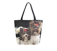Mnsruu - Borsa a tracolla in tela, da donna, con manico, per la spesa, borsa a tracolla, motivo: cuccioli di cane, Yorkshire terrier, stile casual, da spiaggia