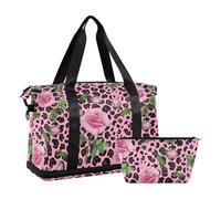 Mnsruu Borsone da viaggio grande con scomparto per scarpe e tasca bagnata, con rose su leopardo rosa, borsone da palestra con borsa da toilette, #03, Taglia unica, alla moda