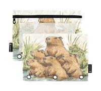 Mnsruu Capybara - Astuccio per matite a 3 anelli, 2 pezzi, con cerniera, finestra trasparente con cerniera, astuccio per matite per forniture per ufficio, Multicolore, Taglia unica, Organizer per